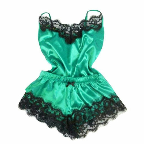 2pcs Women Sets Neon Green Women's Sleepwear Sexy Satin Pajama Set