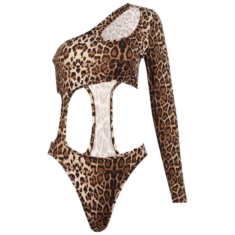 Fashion Sexy Leopard Long Sleeved Hollow Jumpsuit Backless Bodysuit