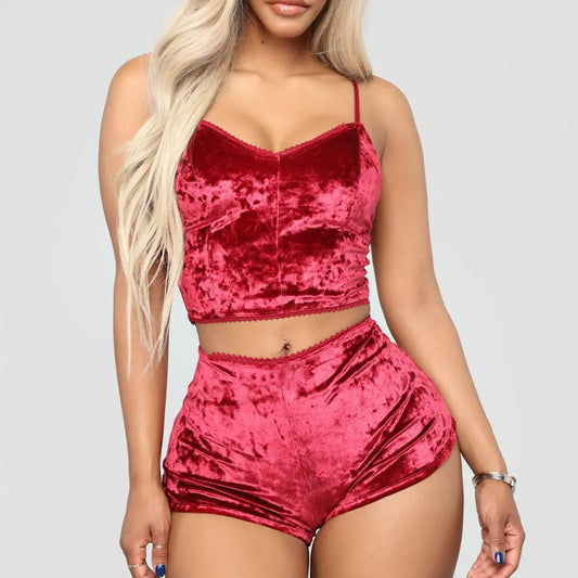 Hot Women 2 piece set Velvet Sleepwear Sexy Spaghetti Strap Shorts