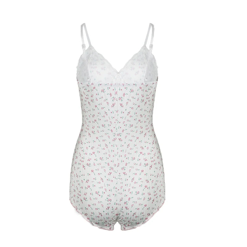 Rockmore Y2K Sweet Floral Print Bodysuit Spaghetti Straps Women Sexy