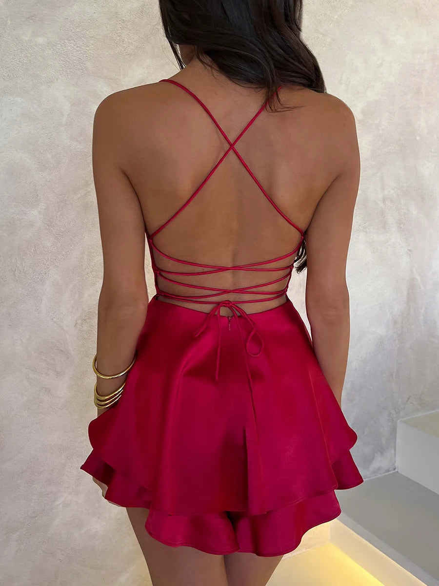 Women Sexy Cross Tie-Up Backless Cami Playsuits Cowl Neck Sleeveless