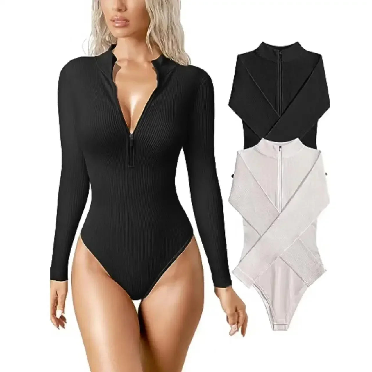 Onesie Sexy Ribbed Onesie Front Zipper Long Sleeve Bodysuits Women