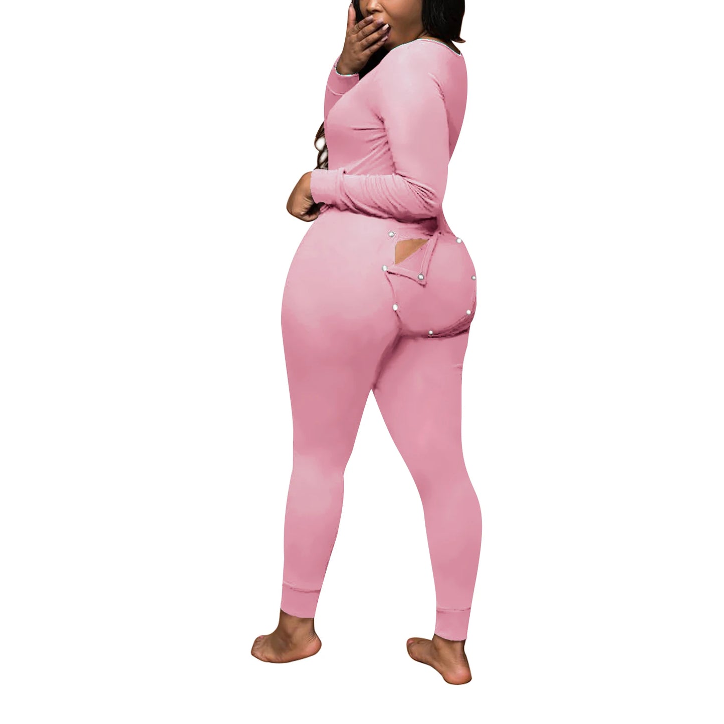 Womens Sexy V-neck Butt flap Pajamas Bodysuit Long Sleeve Stretch