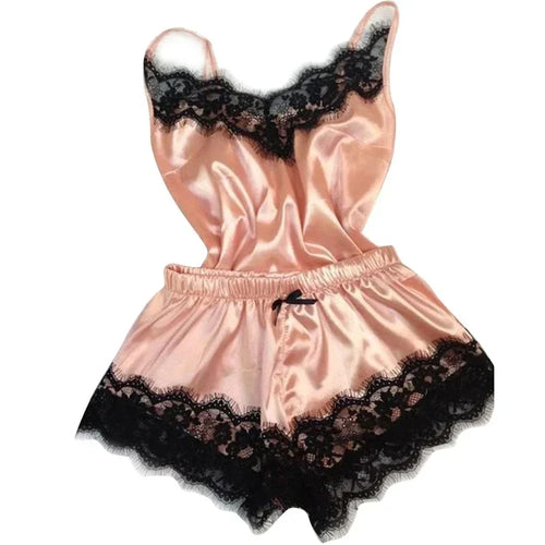 Women Pajama Suit Fashion V-Neck Stretch Satin Babydoll Lace Lingerie