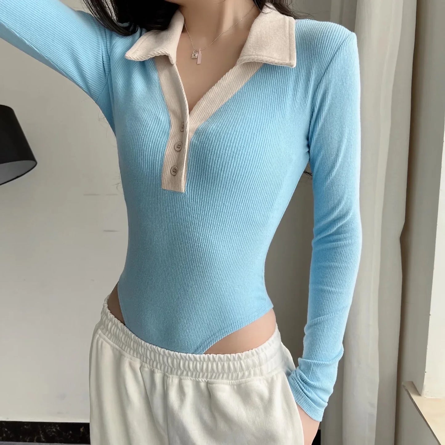 2022 Women Knit Polo Neck Onesie Playsuits Big Strethy Long Sleeve