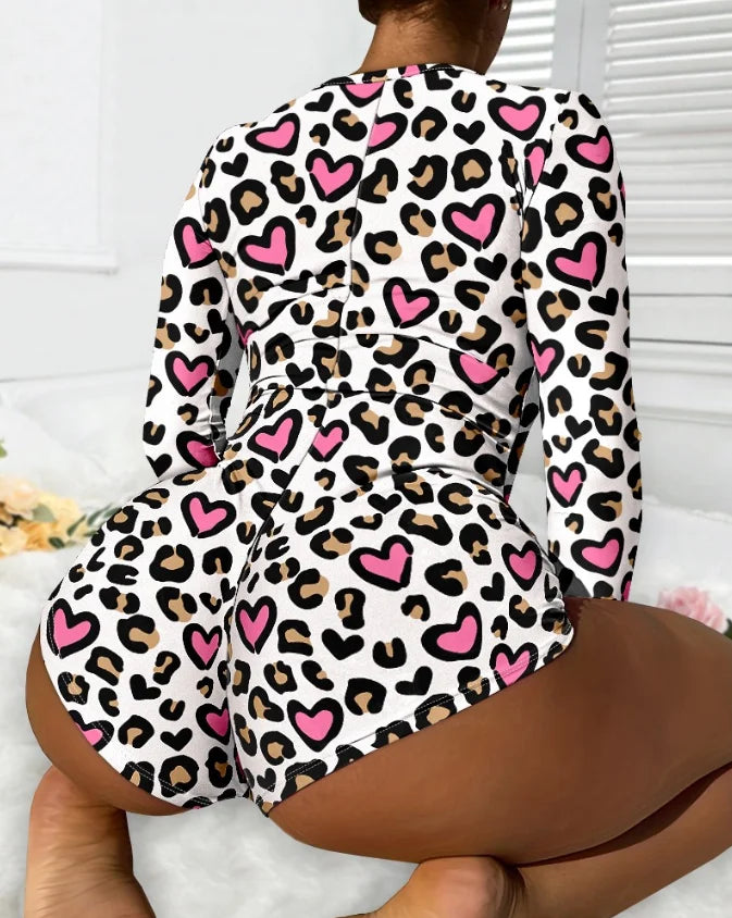 Jumpsuit Women 2025 Spring Fashion Leopard Heart Print Long Sleeve