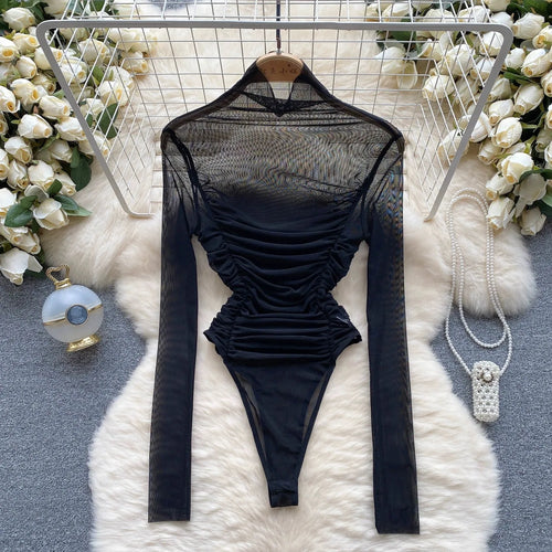 Trendy Y2k Lady Bodysuit Shirring Ruched Thin Sheer Rompers Women High