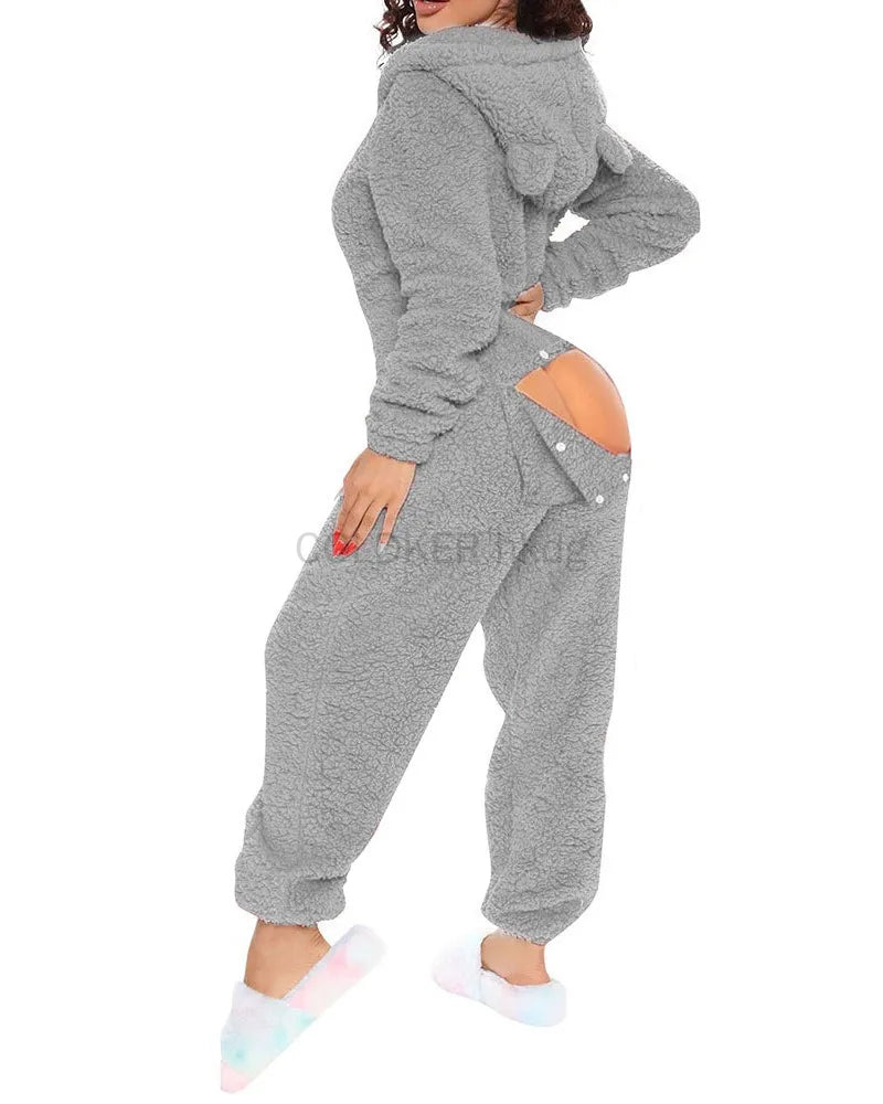 Women Jumpsuit Long Sleeve Pajama Zipper Hooded Jumpsuit Casual Winter