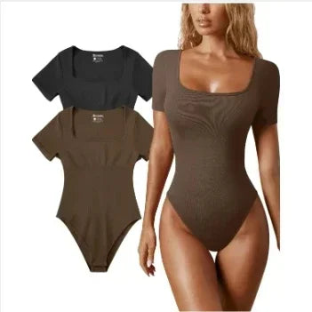 Women's Bodysuits Sexy Ribbed One Piece Square Neck Short Sleeve