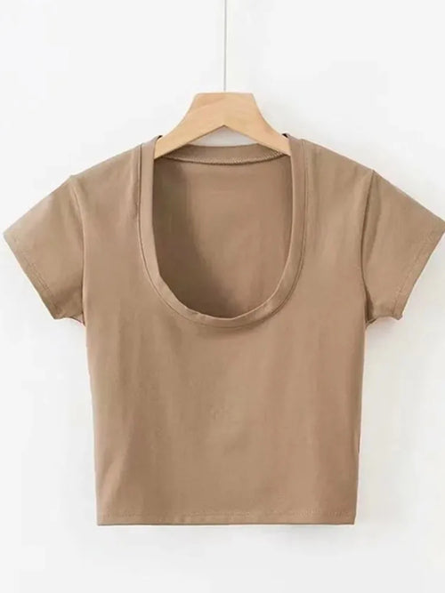 U-Neck Crop Top Solid Color Women Casual High Waist T Shirt Basic Sexy