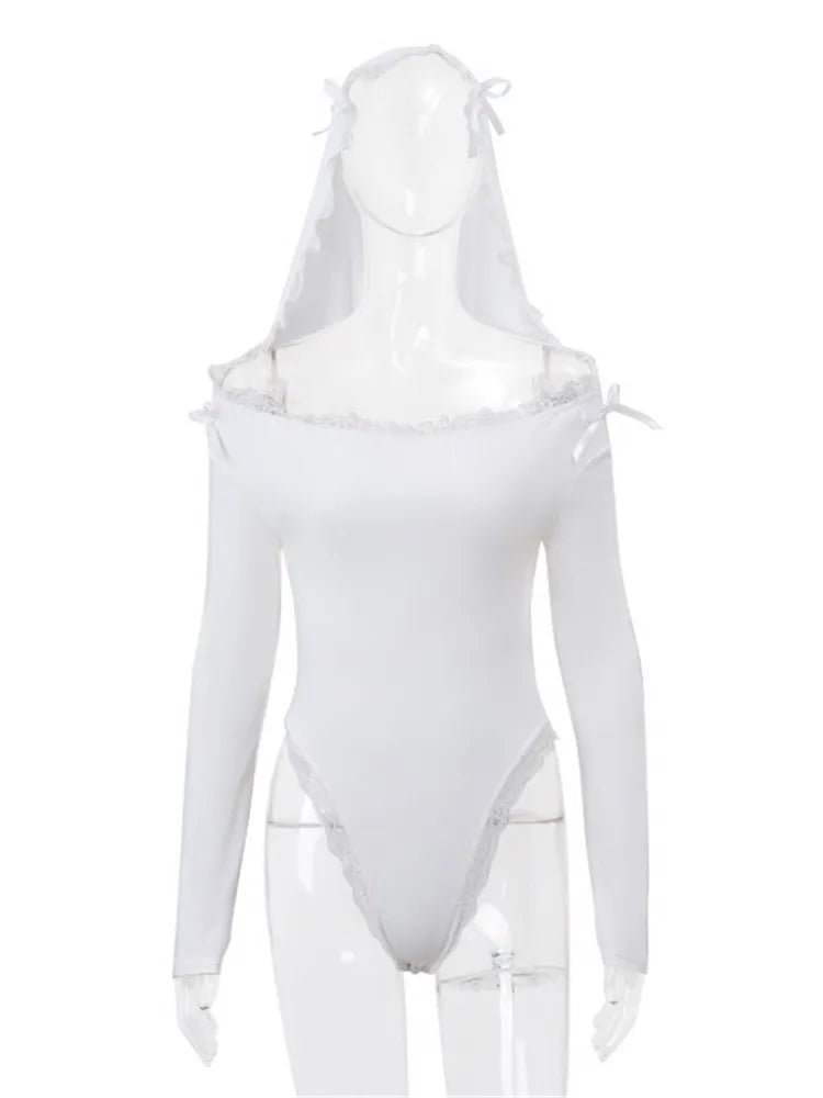 Shestyle White Hooded Slash Neck Bodysuit Women Solid Lace Bow Holy