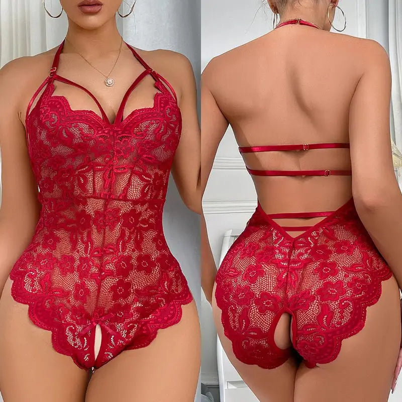 Sexy Red Crotchless Lingerie Women Lace Transparent Bra Erotic