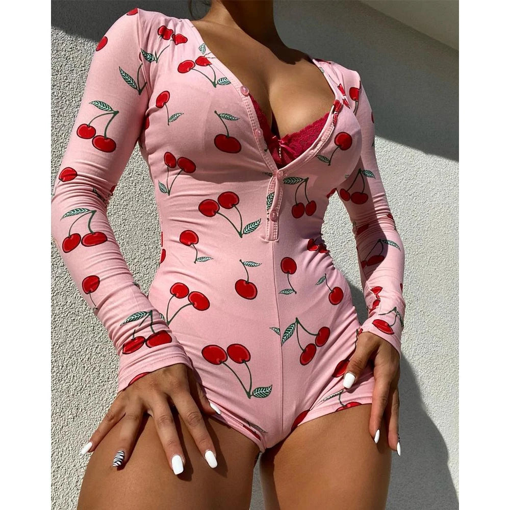 Women's Cherry Print Long Sleeve Button Front Sleep Onesie Romper,