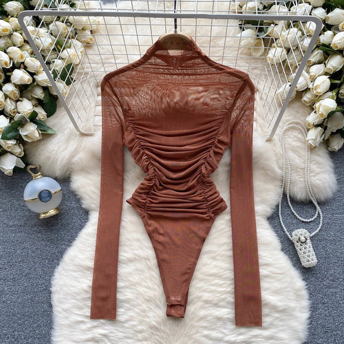 Trendy Y2k Lady Bodysuit Shirring Ruched Thin Sheer Rompers Women High