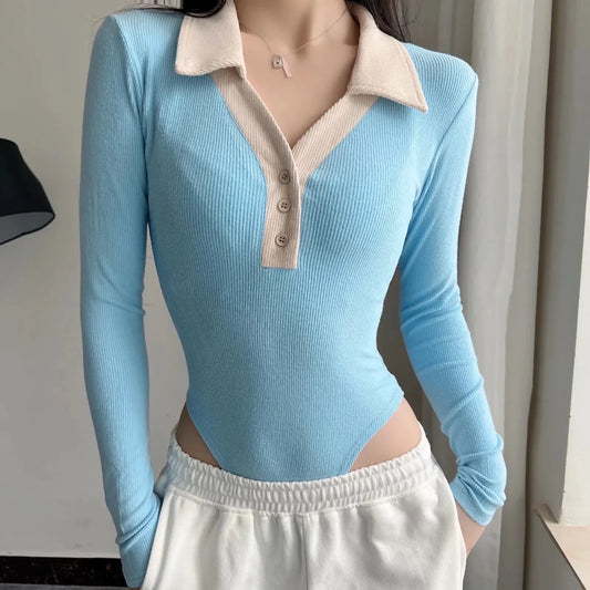 2022 Women Knit Polo Neck Onesie Playsuits Big Strethy Long Sleeve