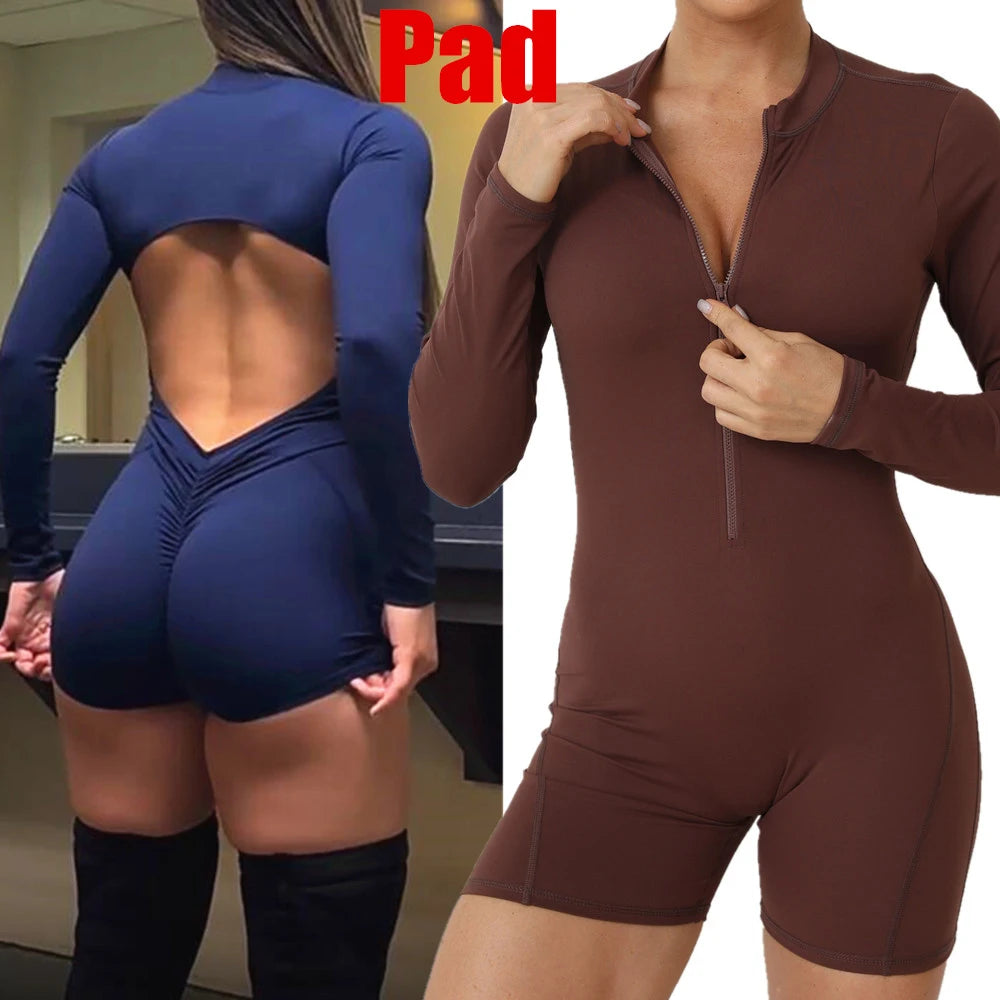 New Pad Zipper Long Sleeve Yoga Set Women One Piece Jumpsuit Gym