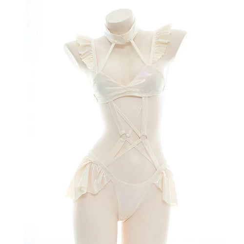 Lolita Girl Ruffle Laser Bodysuit Halter One-Piece Swimsuit Costume