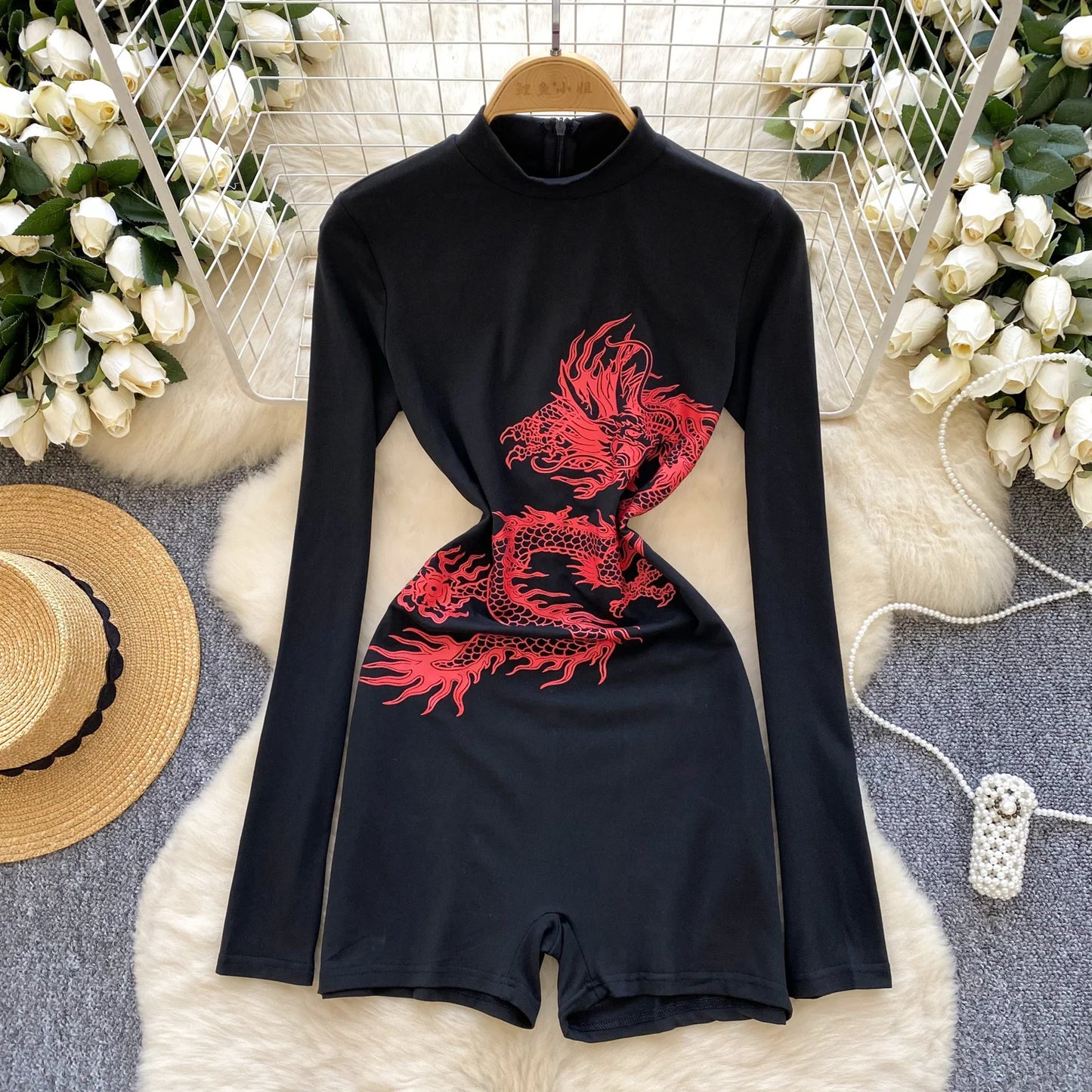 Women Winter High Neck Playsuit Rompers Dragon Print Female Streetwear