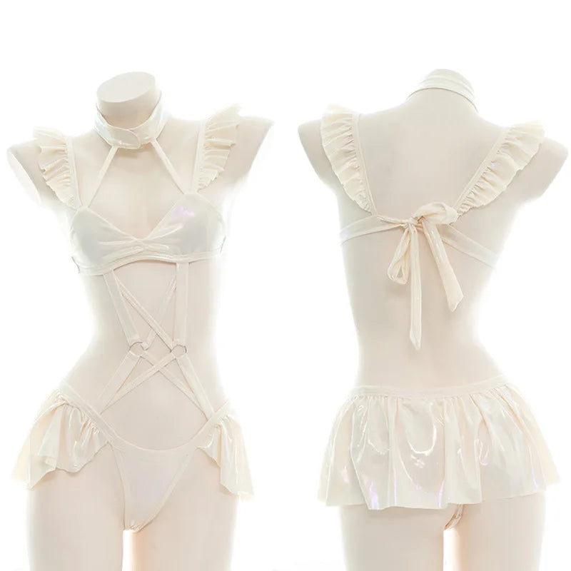 Lolita Girl Ruffle Laser Bodysuit Halter One-Piece Swimsuit Costume