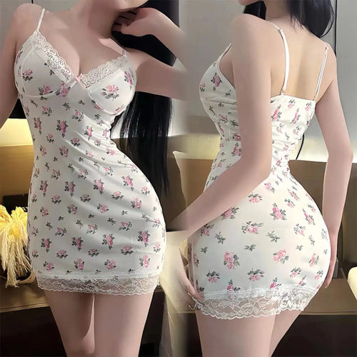 Dress Sweet Mini V Neck Lace Flower Print Sexy Lingerie Female