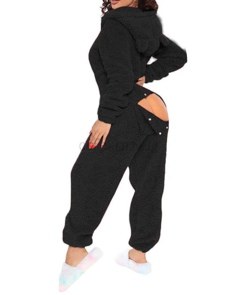 Women Jumpsuit Long Sleeve Pajama Zipper Hooded Jumpsuit Casual Winter