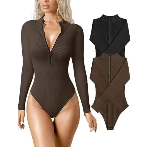 Onesie Sexy Ribbed Onesie Front Zipper Long Sleeve Bodysuits Women