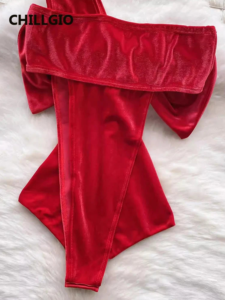 CHILLGIO Women Christmas Velour Strappy Rompers Fashion Bow Tight One