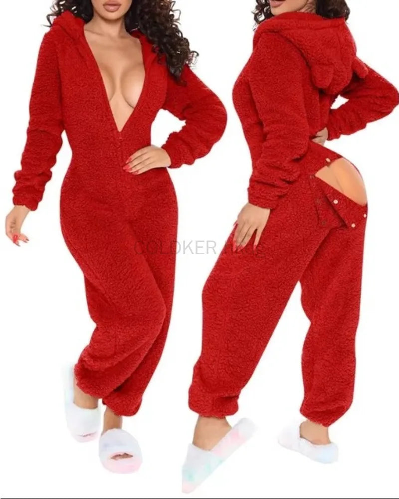 Women Jumpsuit Long Sleeve Pajama Zipper Hooded Jumpsuit Casual Winter