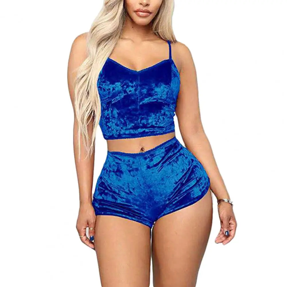 Women Sleepwear Set Sports Shorts 2 Piece Spaghetti Strap Solid Color