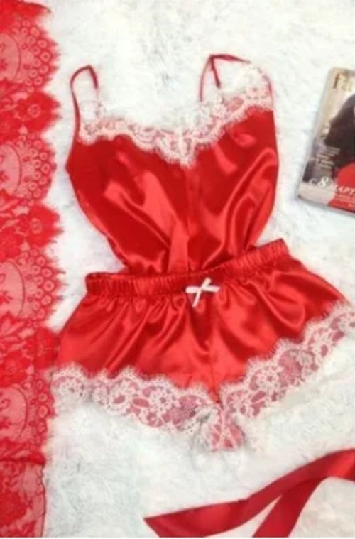 Women Pajama Suit Fashion V-Neck Stretch Satin Babydoll Lace Lingerie