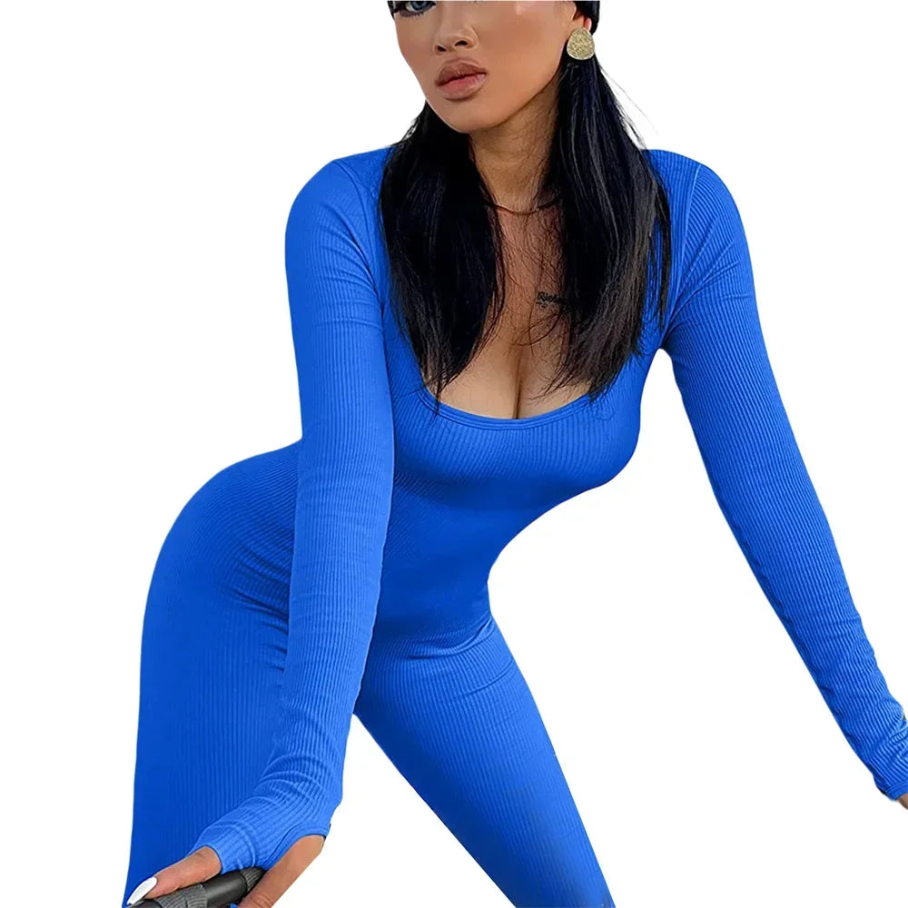 Women Skinny Jumpsuit Solid Color Ribbed Knit Long Sleeve Square Neck