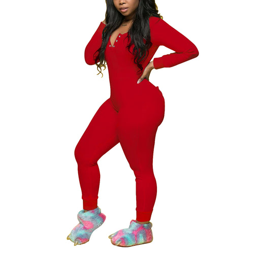 Womens Sexy V-neck Butt flap Pajamas Bodysuit Long Sleeve Stretch