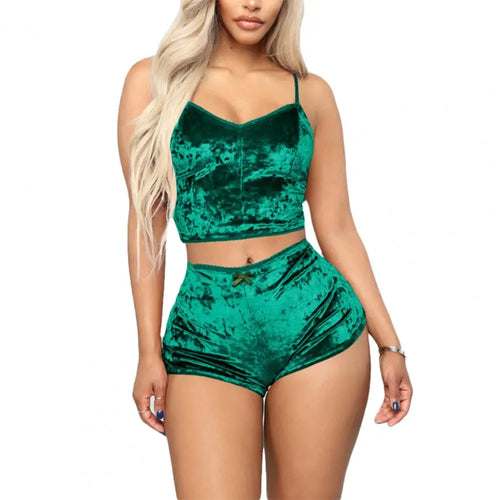 Women Sleepwear Set Sports Shorts 2 Piece Spaghetti Strap Solid Color