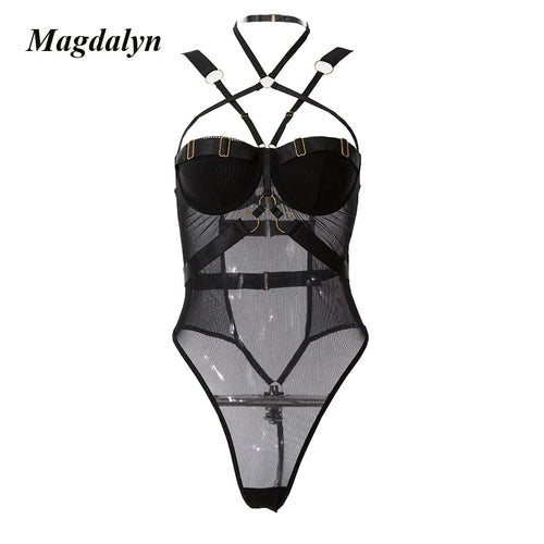 Magdalyn Sexy Mesh Women Strappy Rompers Lingerie One Piece