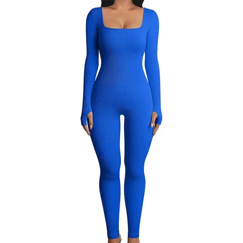 Women Skinny Jumpsuit Solid Color Ribbed Knit Long Sleeve Square Neck