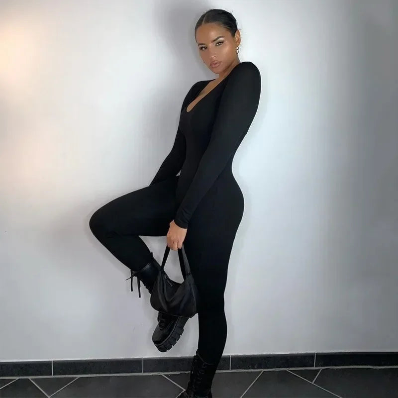 Sexy Jumpsuits Women Autumn New Solid Long Sleeve Bodycon Black