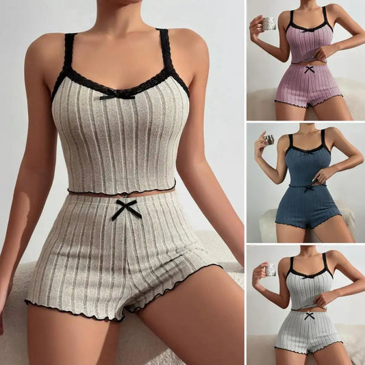 Pajama Suit Suspender Shorts Sexy Bow Print Milk Silk Suit Comfortable