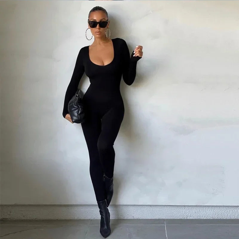 Sexy Jumpsuits Women Autumn New Solid Long Sleeve Bodycon Black