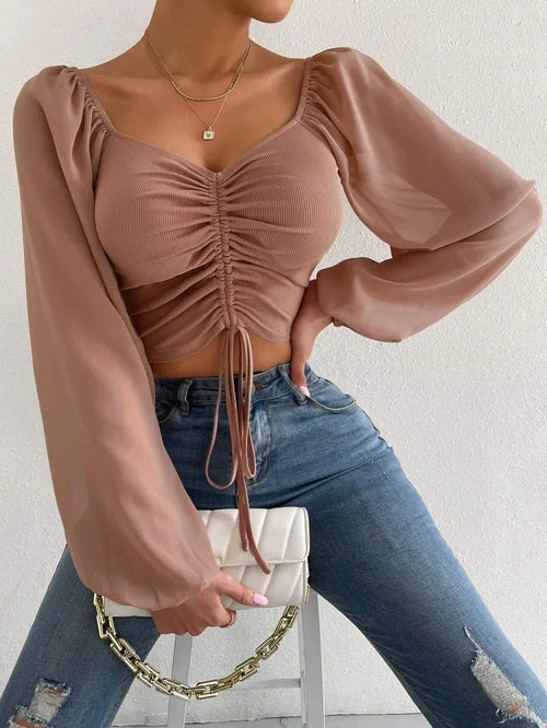 Sexy Women Mesh Lantern Sleeves Drawstring Wrap Chest Bare Midriff T