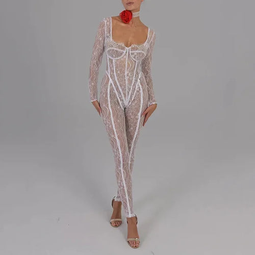 Sheer Lace Hollow Out Sexy Jumpsuits Zip Up Backless Outfits Women