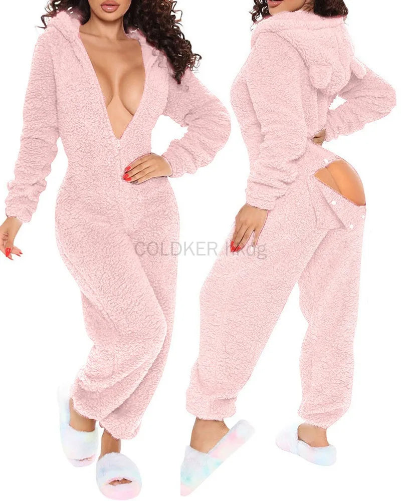 Women Jumpsuit Long Sleeve Pajama Zipper Hooded Jumpsuit Casual Winter