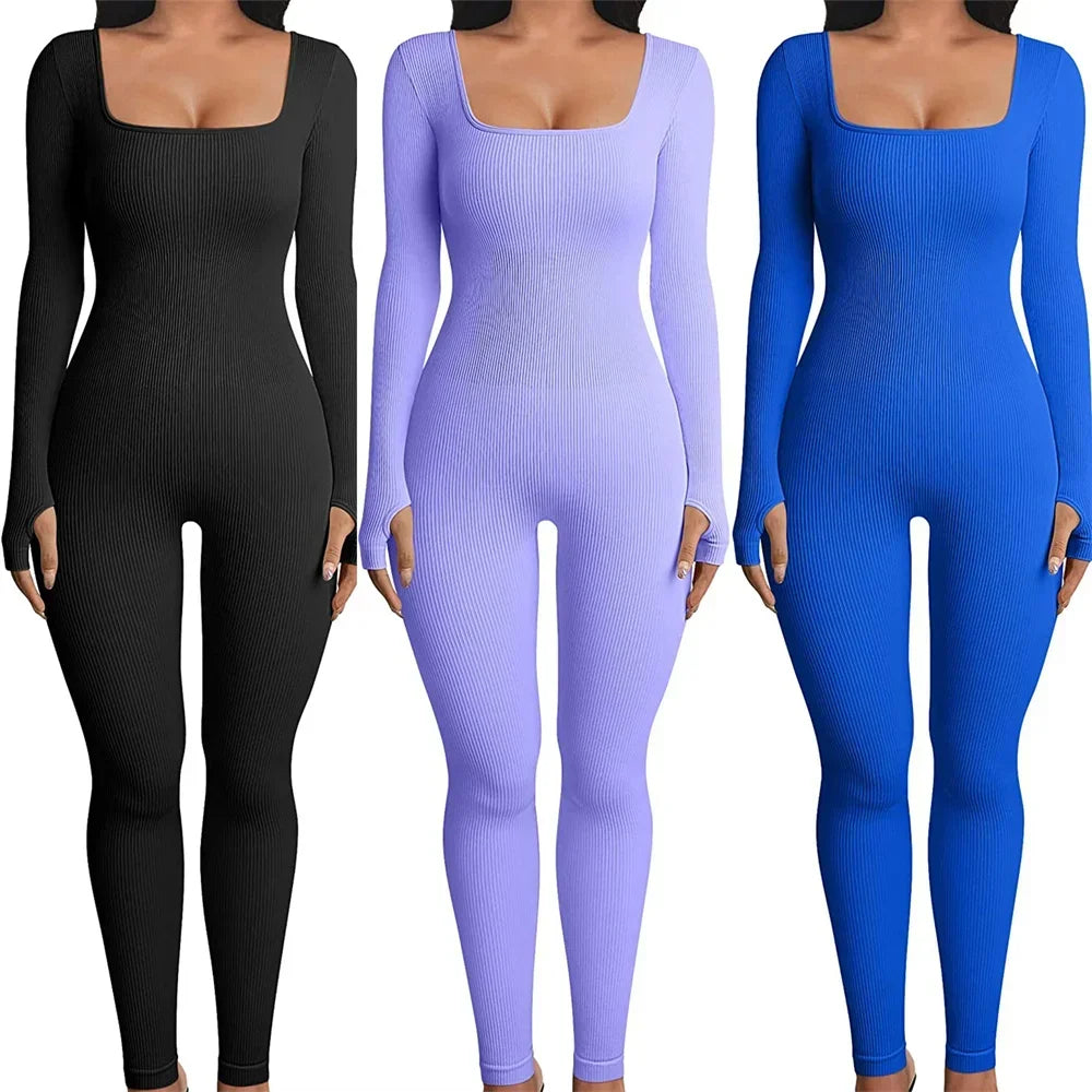 Women Skinny Jumpsuit Solid Color Ribbed Knit Long Sleeve Square Neck