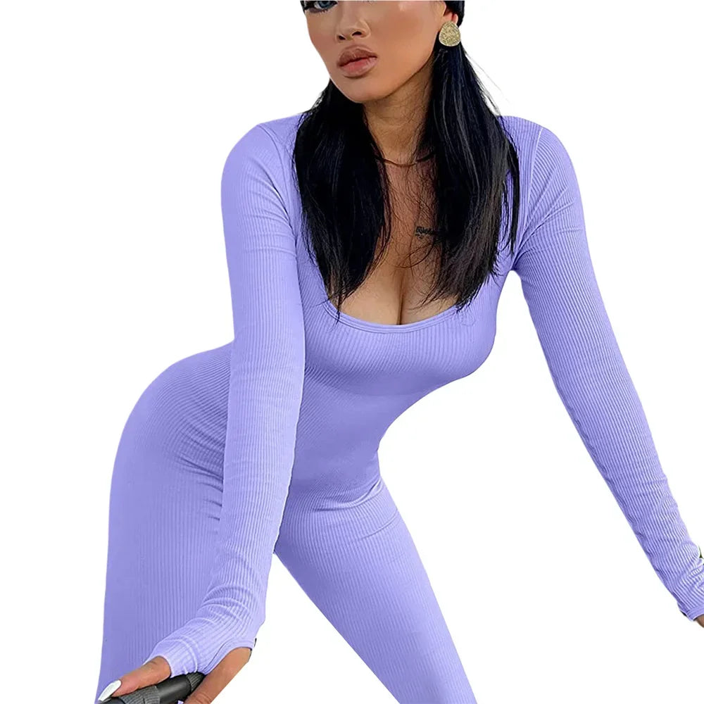 Women Skinny Jumpsuit Solid Color Ribbed Knit Long Sleeve Square Neck