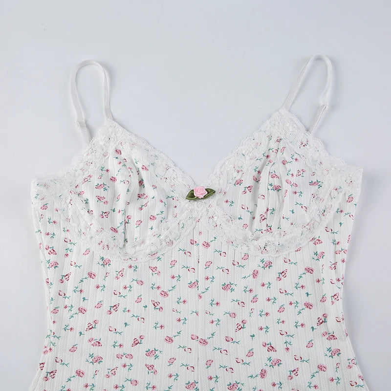 Rockmore Y2K Sweet Floral Print Bodysuit Spaghetti Straps Women Sexy