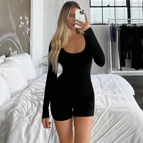 Autumn Black Playsuits For Women New Fashion Bodycon Long Sleeves