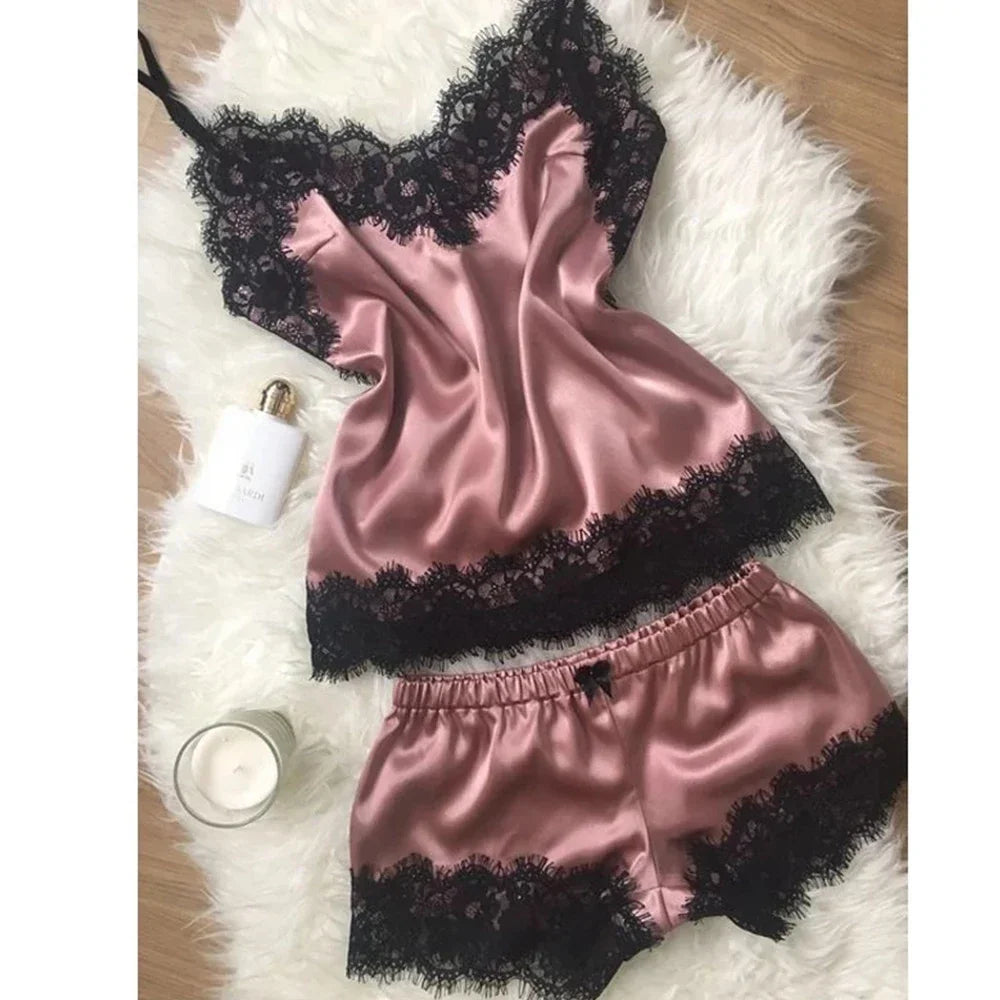 Women Pajama Suit Fashion V-Neck Stretch Satin Babydoll Lace Lingerie