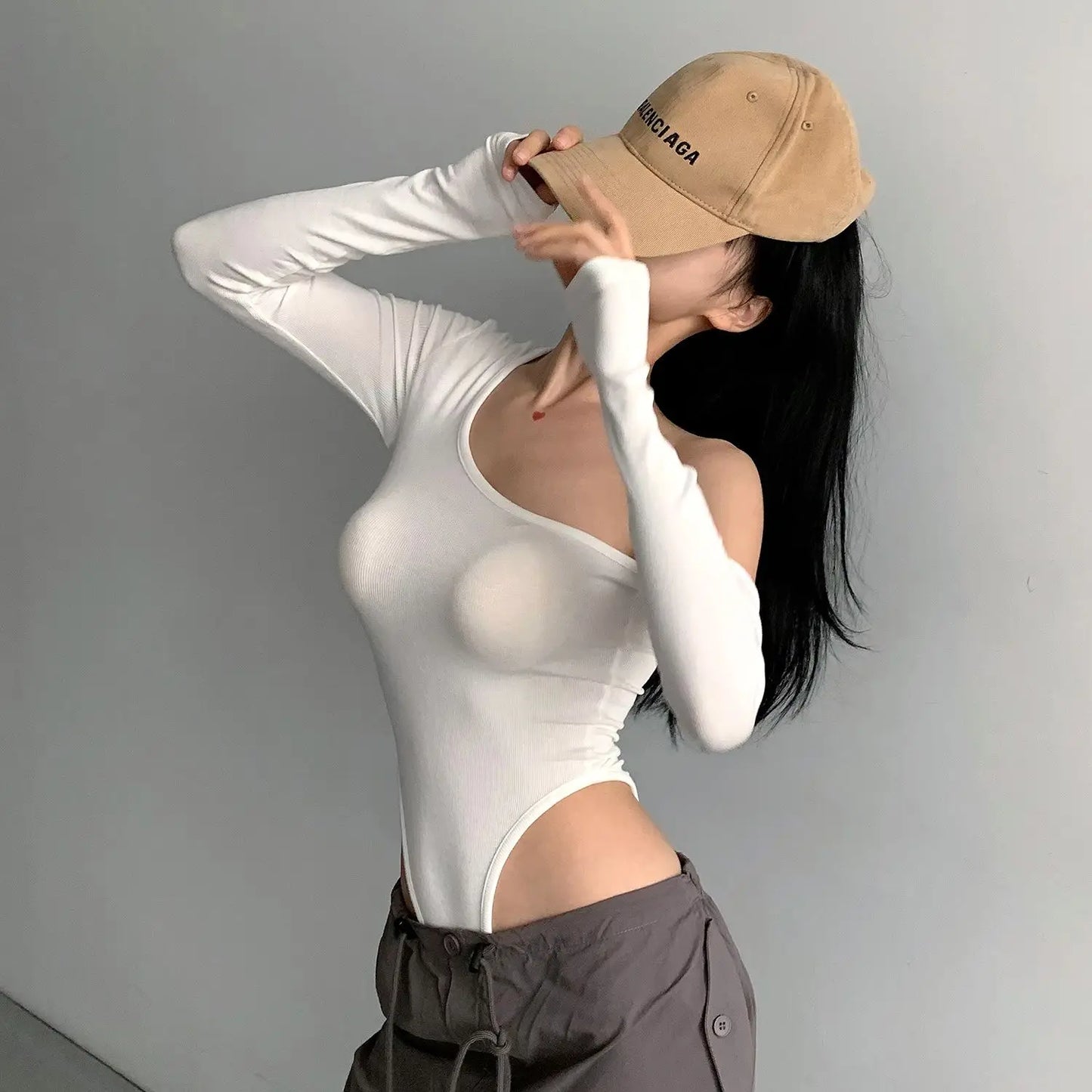 Elasticity Backlsess Solid Bodycon Autumn Off Shoulder Bodysuit Women