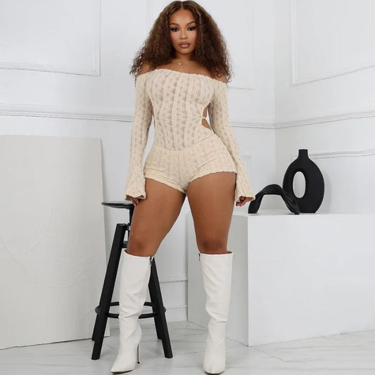 Leosoxs Backless Romper Women Knit Thin Fall Slash Neck Full Sleeve