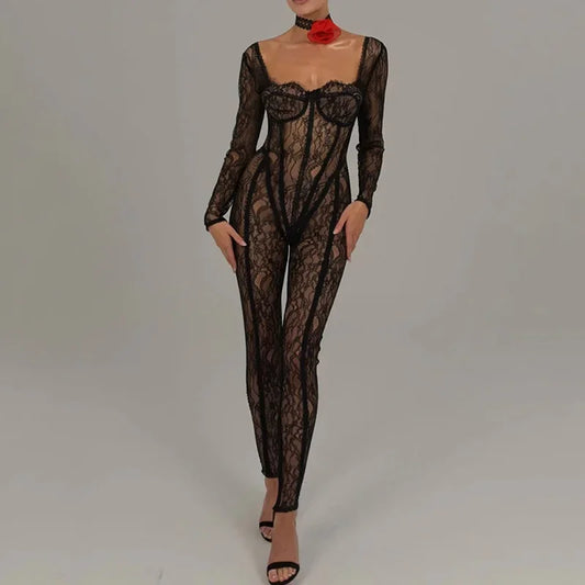 Sheer Lace Hollow Out Sexy Jumpsuits Zip Up Backless Outfits Women