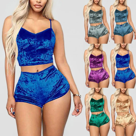 Women Sleepwear Set Sports Shorts 2 Piece Spaghetti Strap Solid Color